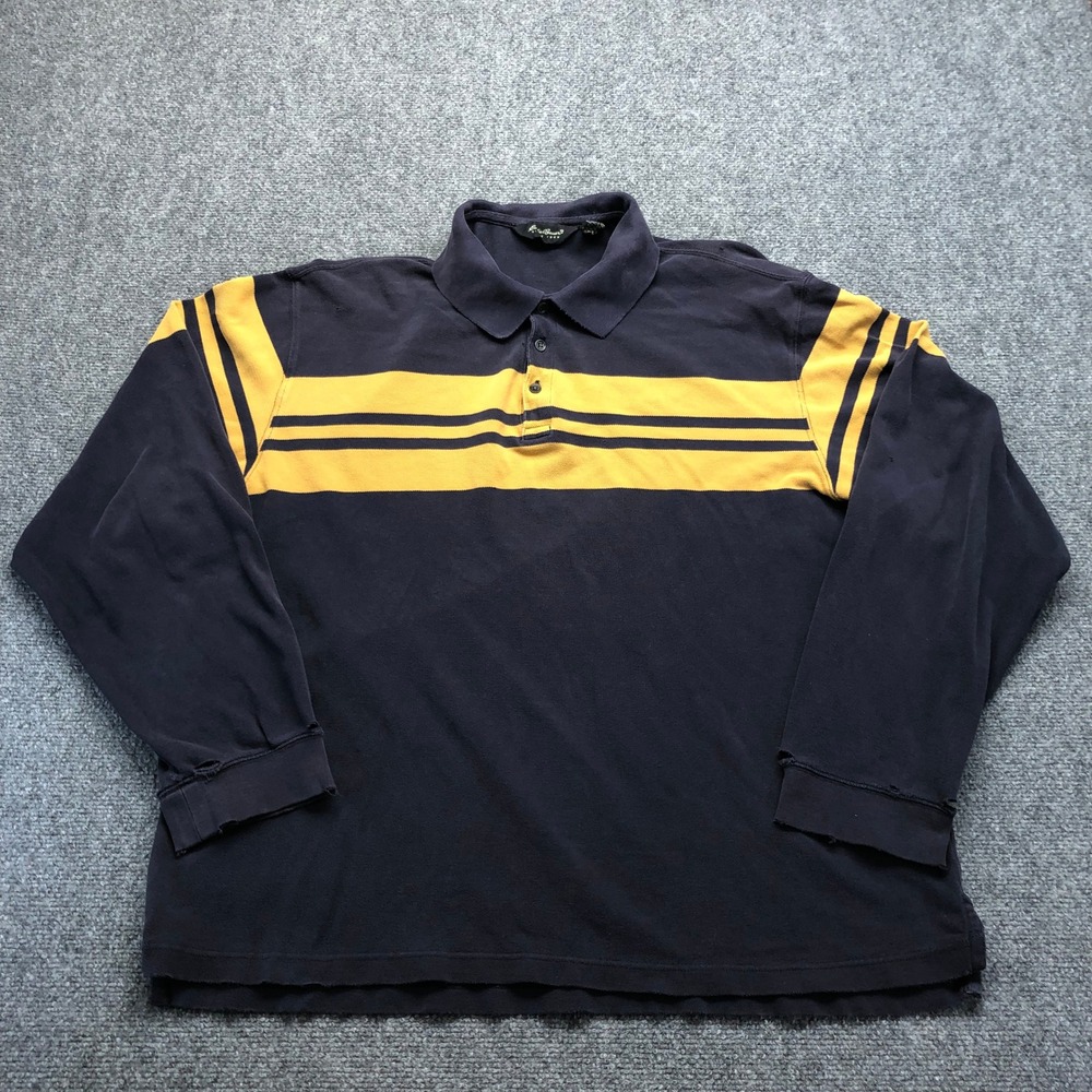 Eddie Bauer Mens XXL Long Sleeve Polo Shirt Navy Blue Yellow Striped Cotton